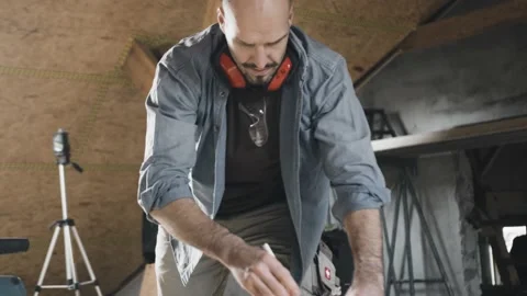 Worker sketching on wood Stock Footage 149293697