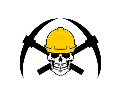 Worker skull head with crossed mining axe behind 스톡 일러스트