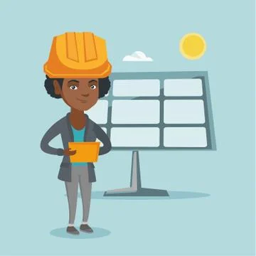 Worker of solar power plant using digital tablet . Stockillustratie