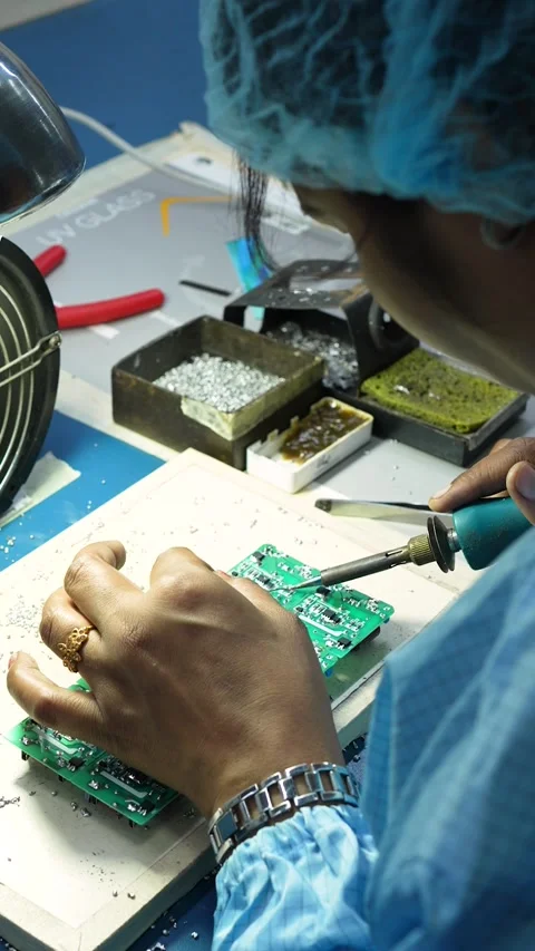 Worker Soldering Electronic Circuit Board in Noida Factory Stock Footage 345809279