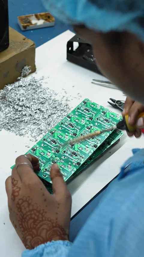Worker Soldering Electronic Circuit Board in Noida Manufacturing Plant Stock Footage 345809287