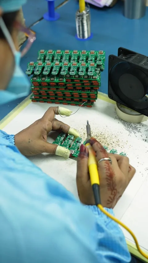 Worker Soldering Electronic Circuit Boards in Noida Facility Stock Footage 345809347