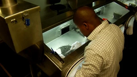 Worker sorting diamonds in glass case. Video stock 96442011