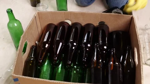 Worker Sorting Empty Glass Bottles for Recycling Stock Footage 315287124