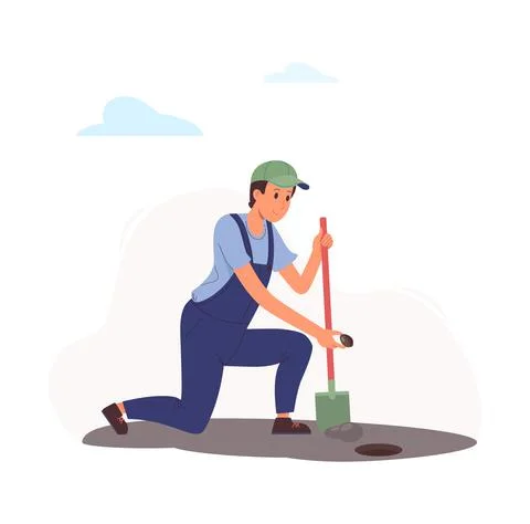 Worker sows a seed in the ground. A man dug a hole in the garden with a shovel Stock Illustration