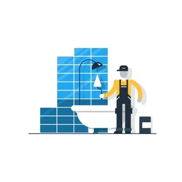 Worker with spatula in bathroom puting tiles, home improvement Illustrazione stock