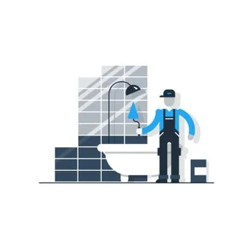 Worker with spatula in bathroom puting tiles, home improvement Stock Illustration