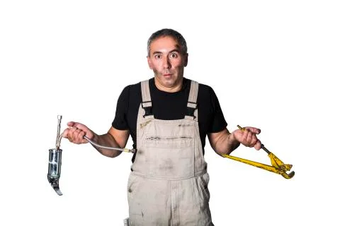 Worker specialist plumber, engineer or constructor on white background Stock Photos