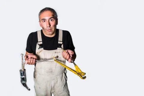 Worker specialist plumber, engineer or constructor on white background Stock Photos