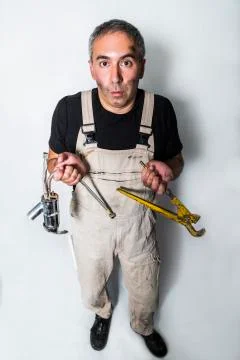 Worker specialist plumber, engineer or constructor on white background Stock Photos