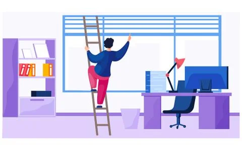 Worker spend time at workplace. Man climbs a ladder near a window. Working day Stock Illustration