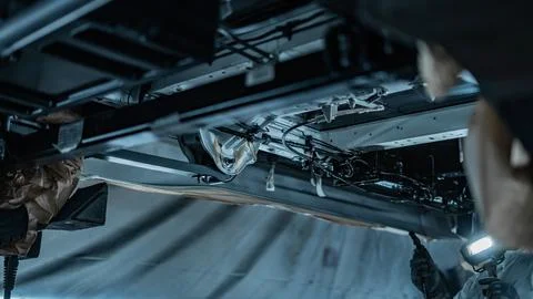 Worker Spraying Protective Undercoating Beneath a Car in Auto Workshop Stock Photos