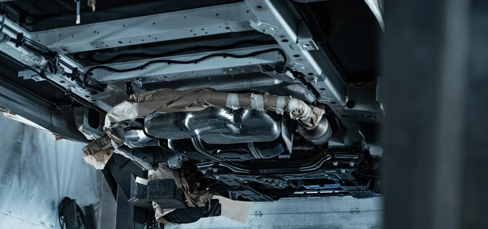 Worker Spraying Protective Undercoating Beneath a Car in Auto Workshop Stock Photos