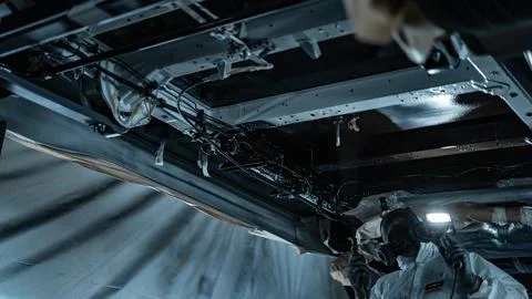 Worker Spraying Protective Undercoating Beneath a Car in Auto Workshop Stock Photos
