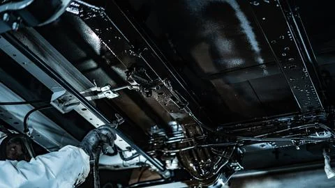Worker Spraying Protective Undercoating Beneath a Car in Auto Workshop Stock Photos