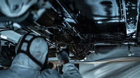 Worker Spraying Protective Undercoating Beneath a Car in Auto Workshop Stock Photos