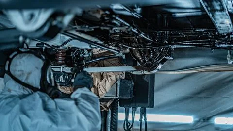 Worker Spraying Protective Undercoating Beneath a Car in Auto Workshop Stock Photos