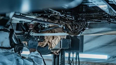 Worker Spraying Protective Undercoating Beneath a Car in Auto Workshop Stock Photos