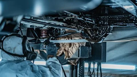 Worker Spraying Protective Undercoating Beneath a Car in Auto Workshop Stock Photos