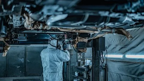 Worker Spraying Protective Undercoating Beneath a Car in Auto Workshop Foto stock