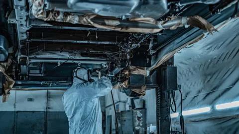 Worker Spraying Protective Undercoating Beneath a Car in Auto Workshop Stock Photos