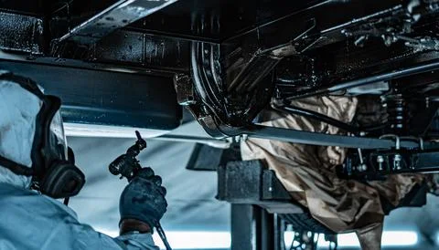Worker Spraying Protective Undercoating Beneath a Car in Auto Workshop Stock Photos