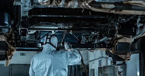 Worker Spraying Protective Undercoating Beneath a Car in Auto Workshop Foto stock