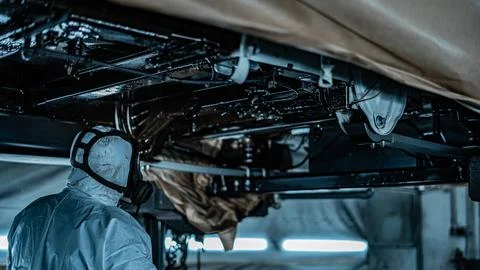Worker Spraying Protective Undercoating Beneath a Car in Auto Workshop Stock Photos