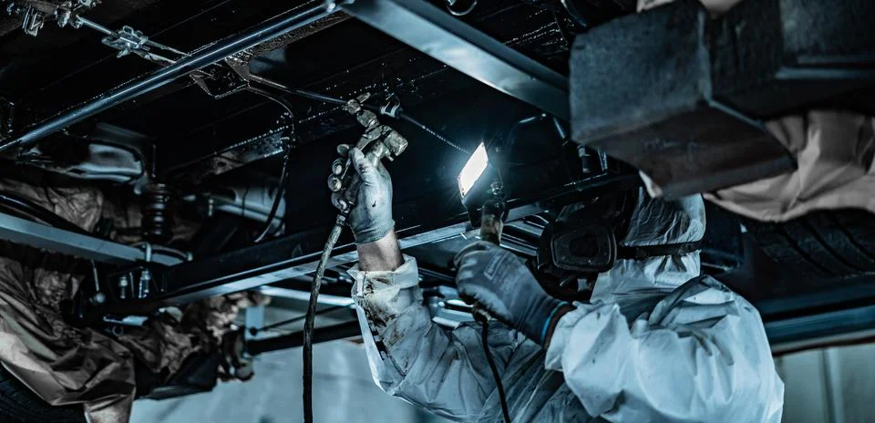 Worker Spraying Protective Undercoating Beneath a Car in Auto Workshop Stock Photos