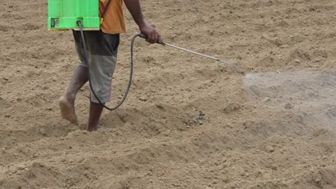 Worker Spraying Soil Surface Stock Footage 336684477