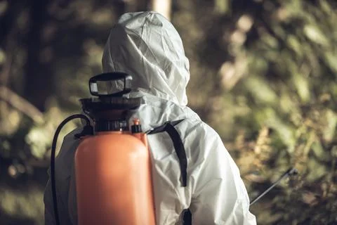A worker sprays pesticides on trees outdoors. Tree pest control Stock Photos
