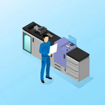 The worker is standing near the machine for digital printing 스톡 일러스트
