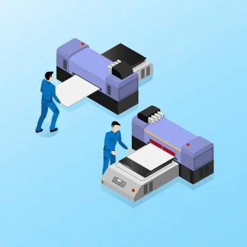 The worker is standing near the machine for uv printing, Equipment for printi 库存插图