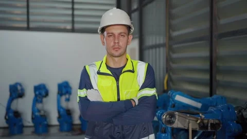 Worker stands beside industrial robot arm Video stock 341316109