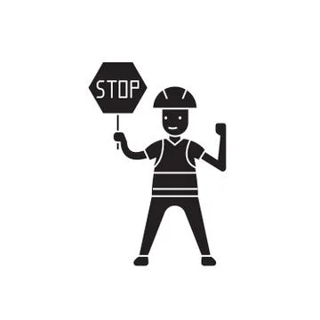 Worker with a stop sign black vector concept icon. Worker with a stop sign flat Stock Illustration