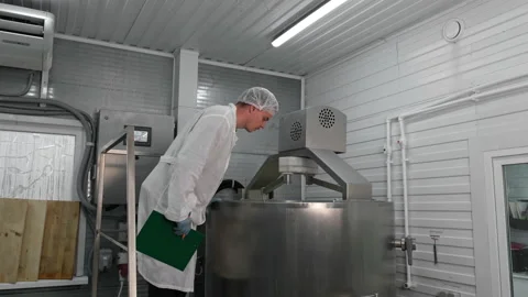 Worker Supervises The Process. Production Of Cottage Cheese In A Dairy Factory Vidéo 180092740