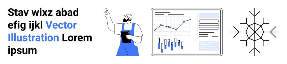 Worker with a tablet, graph and chart with data analysis, geometric shapes. I Illustrazione stock