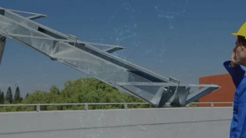 Worker taking call and checking solar rack on roof, animated overlay showing Stock Footage 334013722