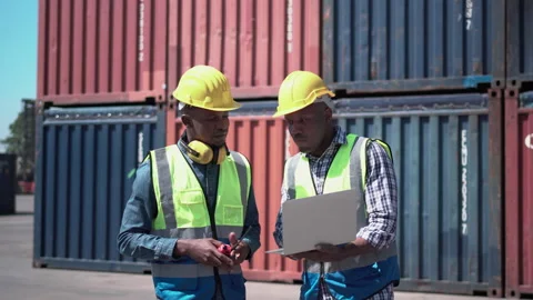 Worker team checking containers box, Dock workers in a shipyard Stock Footage 166815487