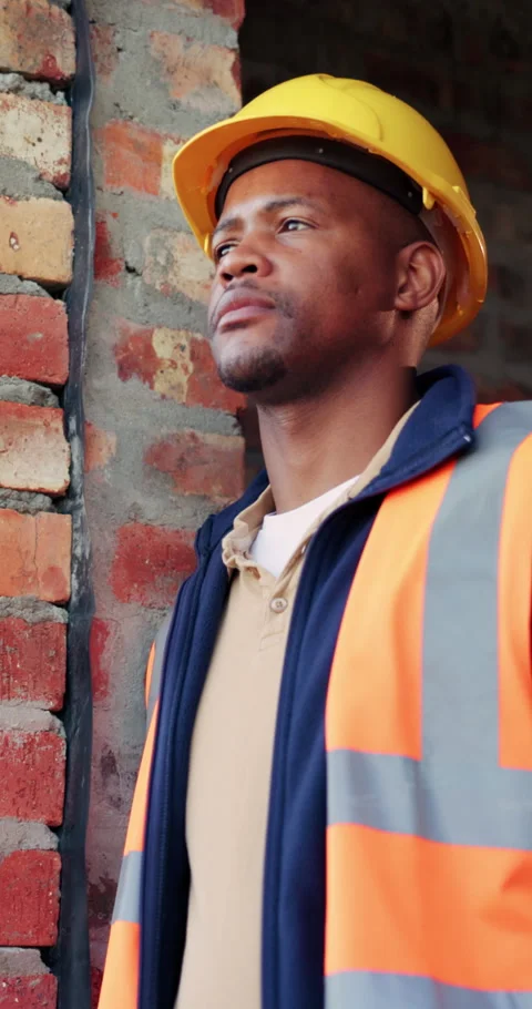 Worker, thinking or black man at construction site with PPE, engineering or Stock Footage 336222843