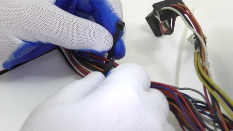 The worker ties the wires with a plastic tie. Stock Footage 118773211
