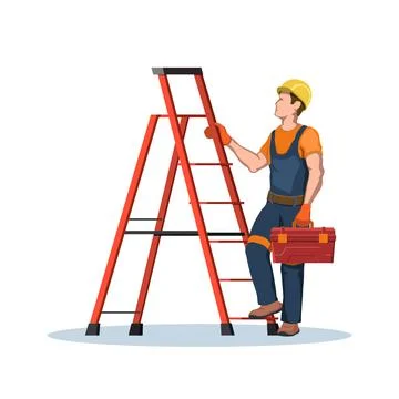 Worker with toolbox use a ladder. Builder with uniform and helmet イラスト素材