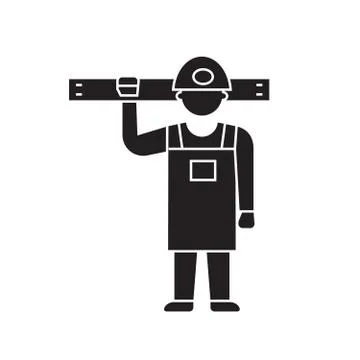 Worker with tools black vector concept icon. Worker with tools flat illustration Illustrazione stock