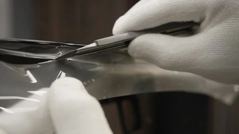 Worker trimming with cutter remains of a protective film. Stock-Footage 167179033