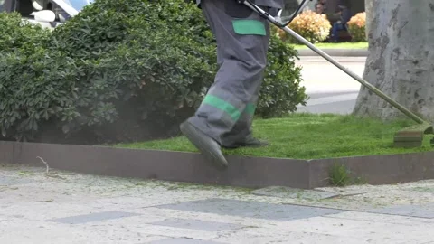 A worker trims the grass along a city sidewalk with a lawn edger Vidéo 273237275