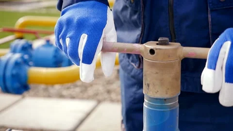 The worker turns the valve, slow motion Stock Footage 142496033