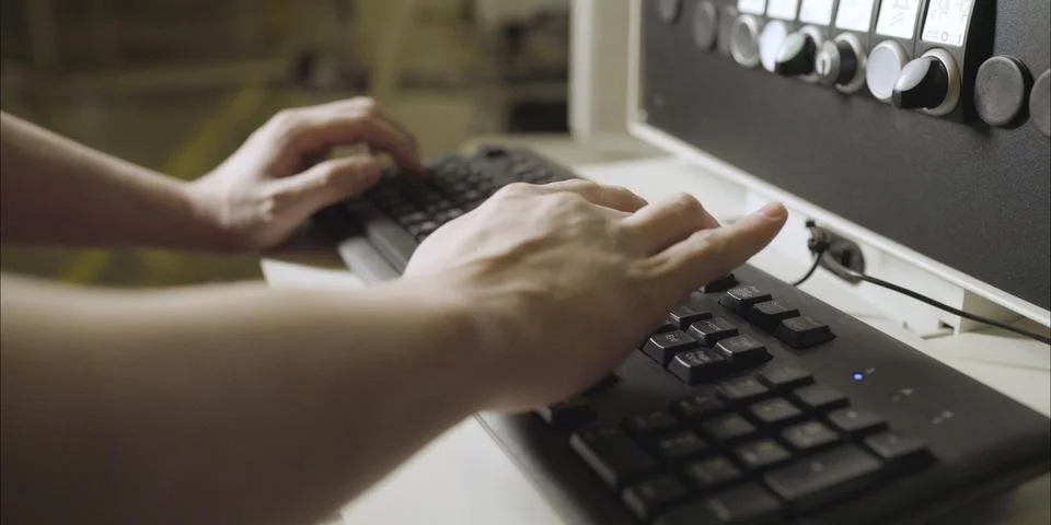 The worker types the machine parameter on the keyboard. Stock Photos