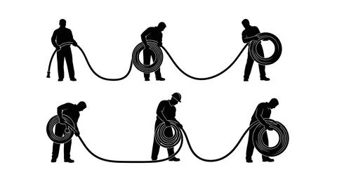 Worker Uncoiling Hose or Cable Silhouettes Stock Illustration