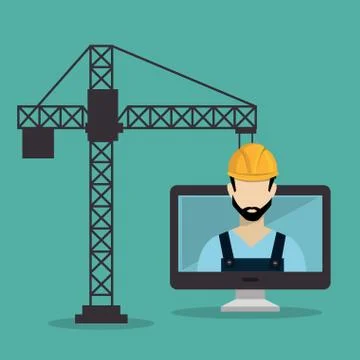 Worker under construction with desktop Stock Illustration