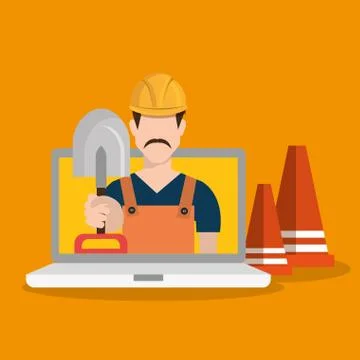 Worker under construction with laptop Stock Illustration
